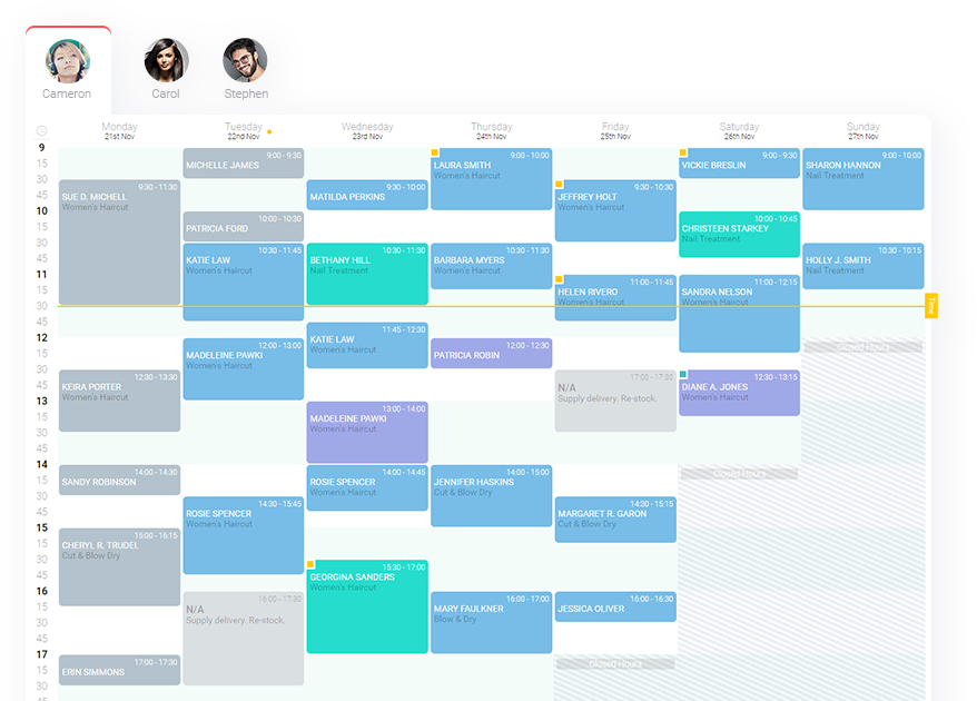 Planfy.com 業務日曆顯示當前一周的預訂和約會。