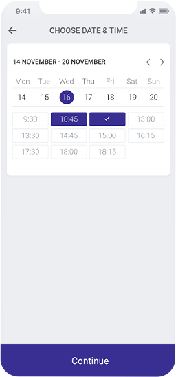 Planfy.com dato- og klokkeslettvelger som viser brukeren de tilgjengelige plassene for bestillinger.